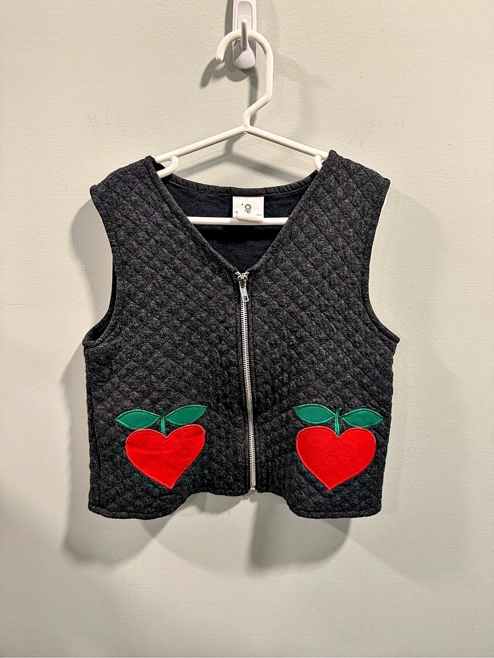 Vintage Florence Eiseman Quilted Zip Vest Charcoal Gray Apples Size 8